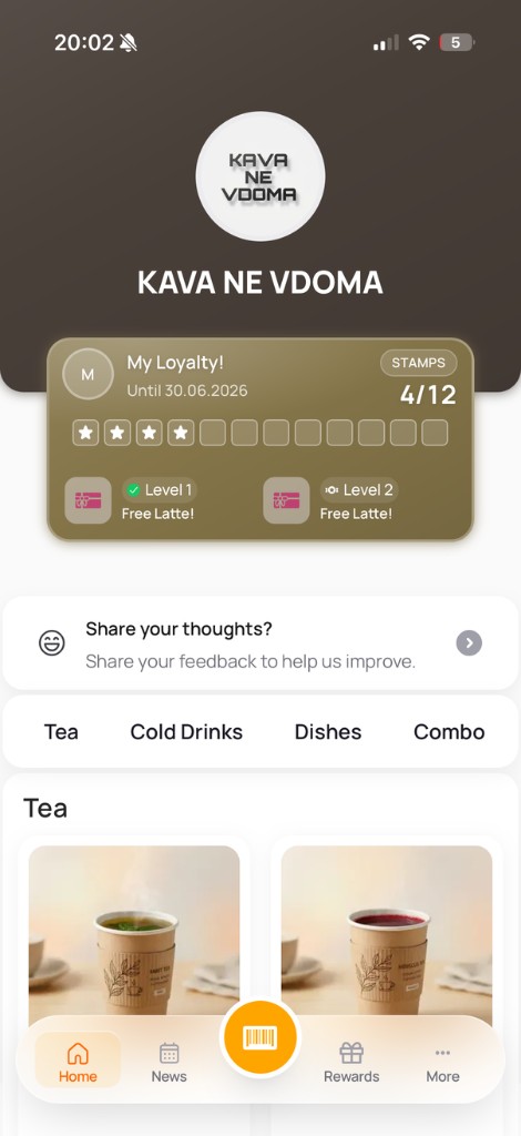 Kartka app home with loyalty programs and menu