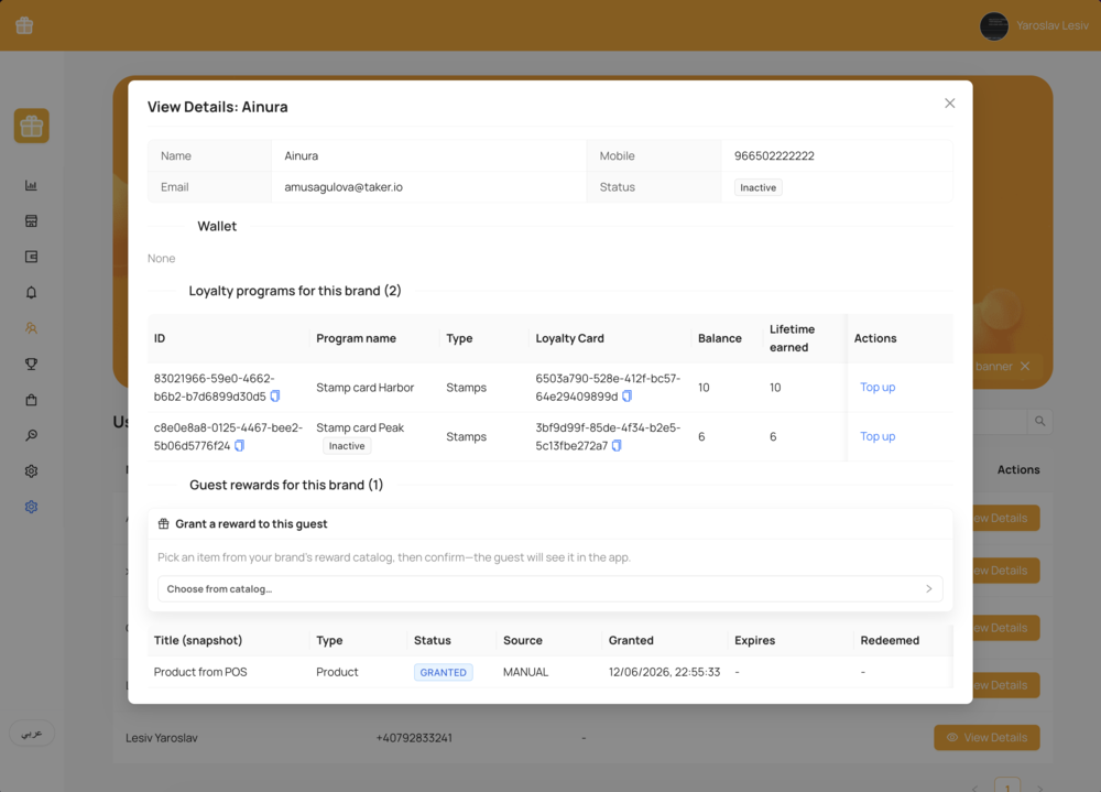Kartka CRM — customer profile with loyalty programs, balances and granted rewards