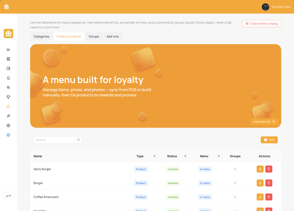 Kartka menu catalog — products, prices and photos tied to rewards and promos