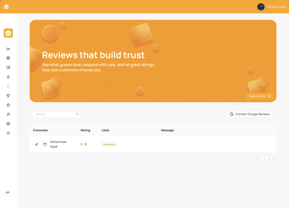 Kartka reviews dashboard — guest ratings, liked tags and Google reviews